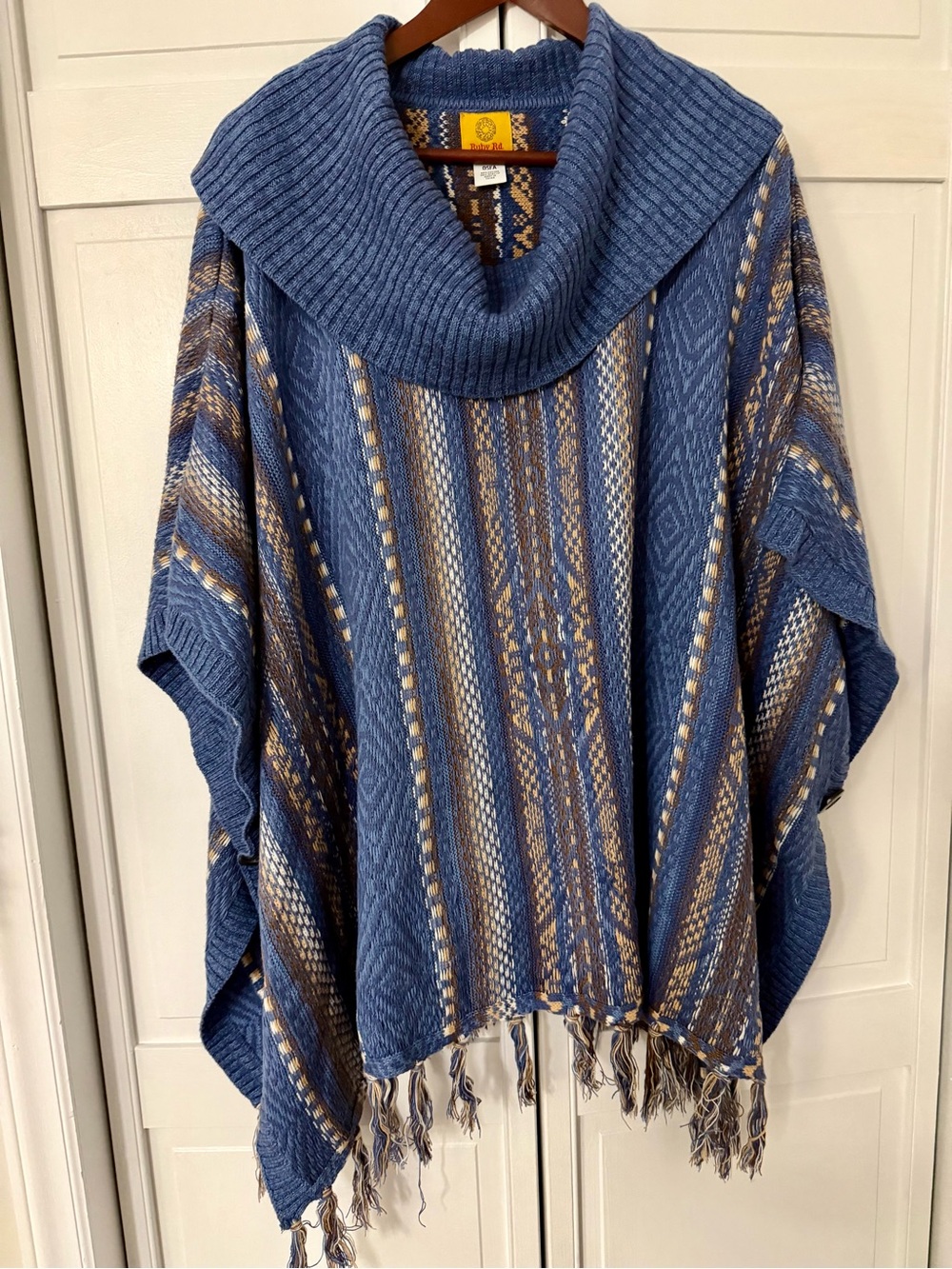Ruby Rd. Blue Patterned Knit Poncho with Tassel Fringe